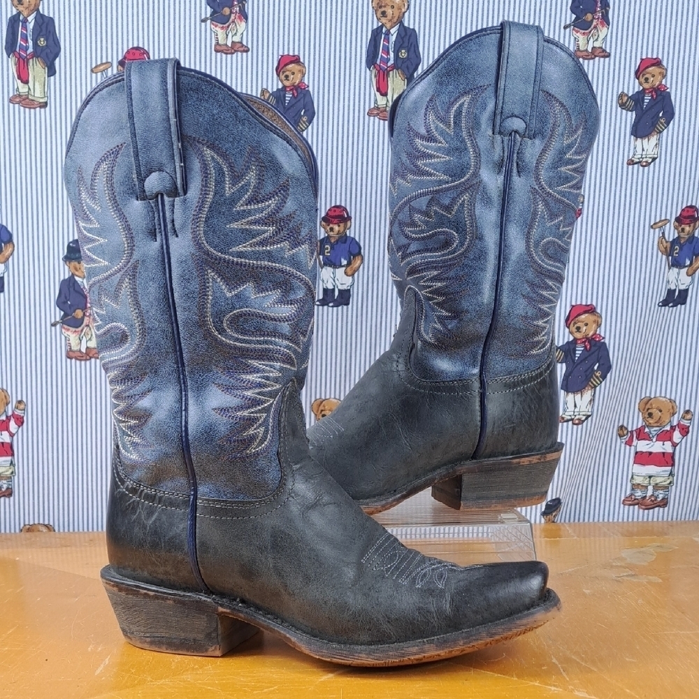 Nocona Ladies Elisabeth Antiques decrotive stitching blue western boots sz 7B
